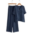 thumbnail image 7 of Zynoxe Linen Sets for Women 2 Piece V-neck Top Wide Leg Pants Summer Sets Lounge Loose Business Casual Matching Outfits ClothingNavy2XL, 7 of 7