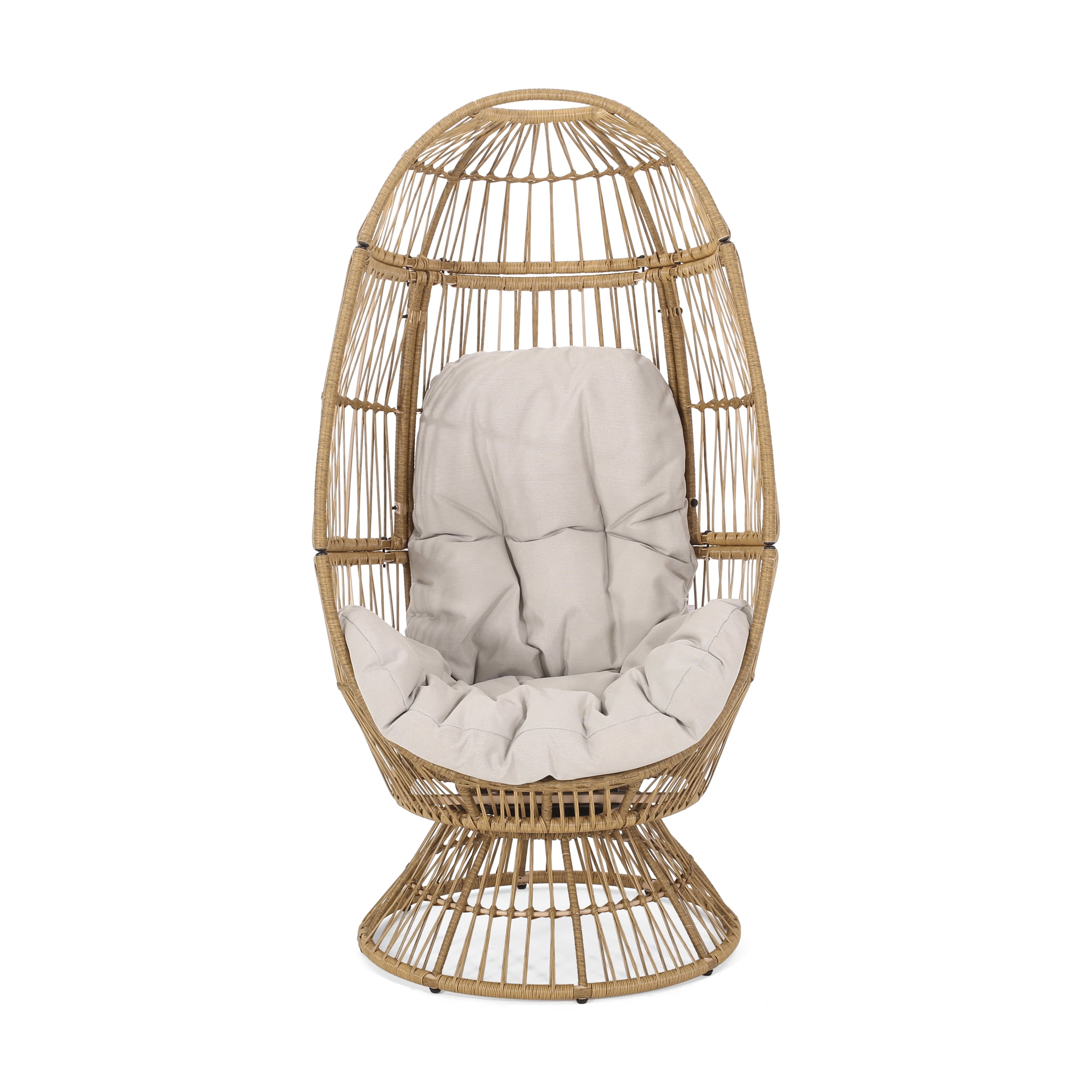 Aceson Outdoor Wicker Swivel Egg Chair with Cushion, Light Brown and
