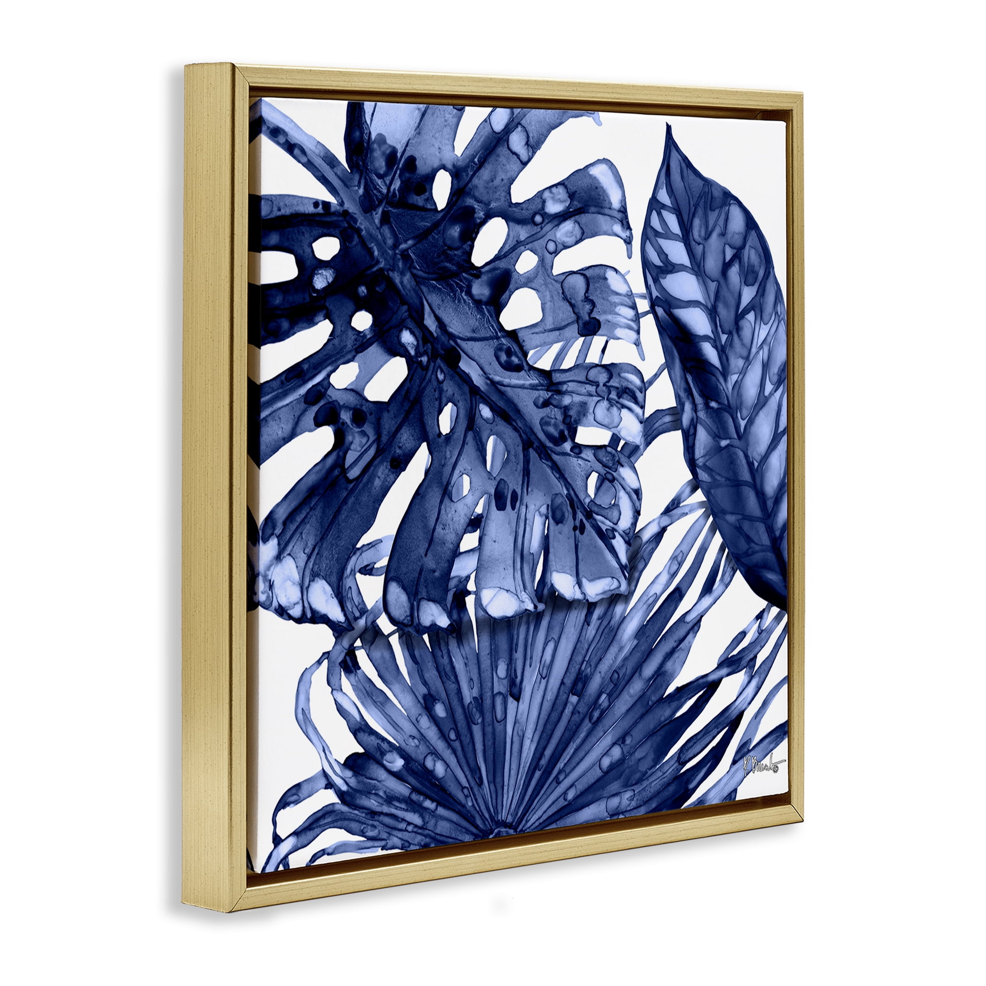 Stupell Industries Blue Hued Palms Botanical & Floral Painting Gold Floater Framed Canvas Art Print Wall Art, 25 x 25