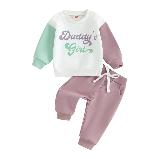 ZAXARRA Baby Girls Fall Outfits Letter Print Crew Neck Contrast Color Long Sleeve Sweatshirts Long Pants 2Pcs Clothes Set