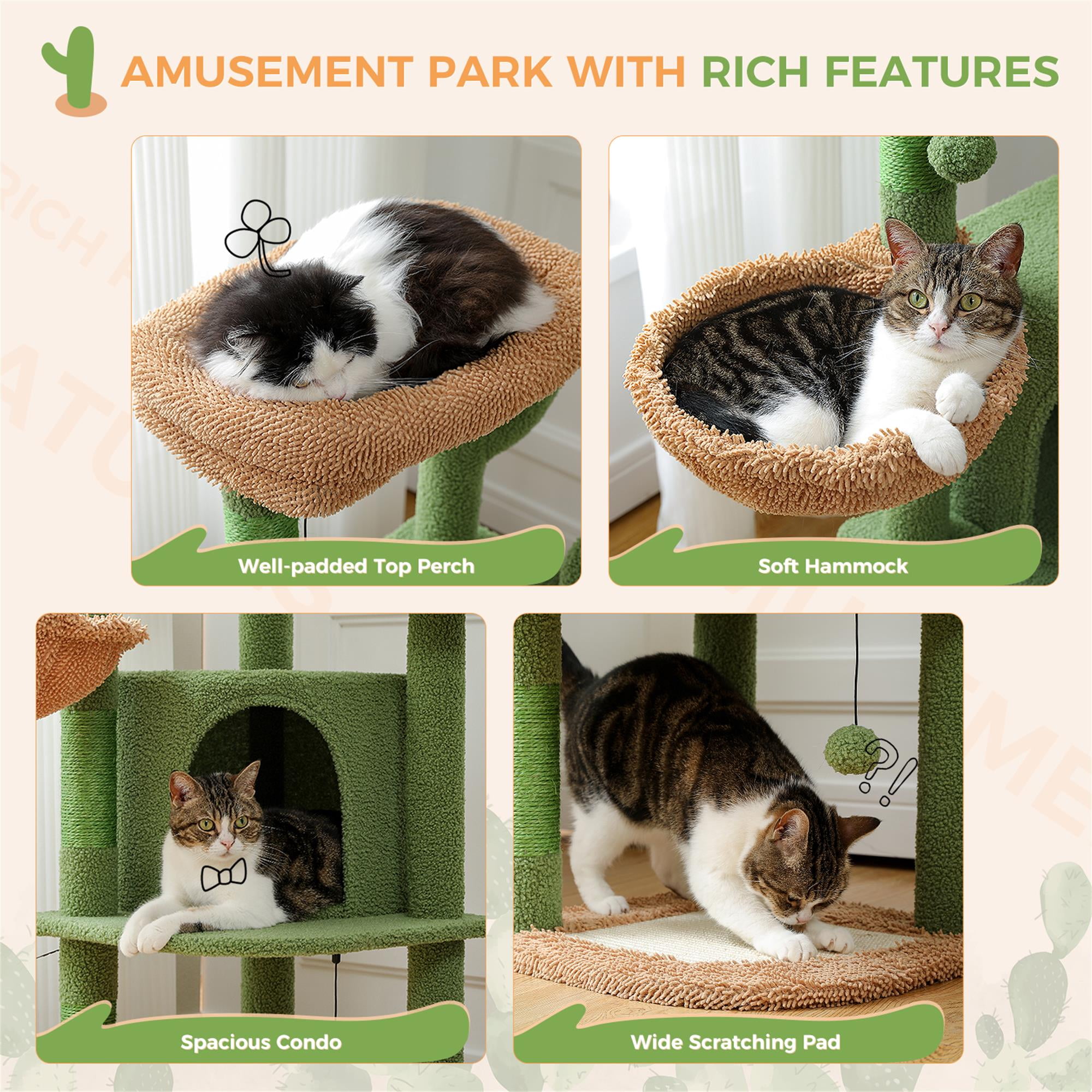 Kadyn 42" Cactus Cat Trees Towers for Indoor Cats with Scratching Mat and Posts, Cat Condo, Cat Tree House for Kitten, Green