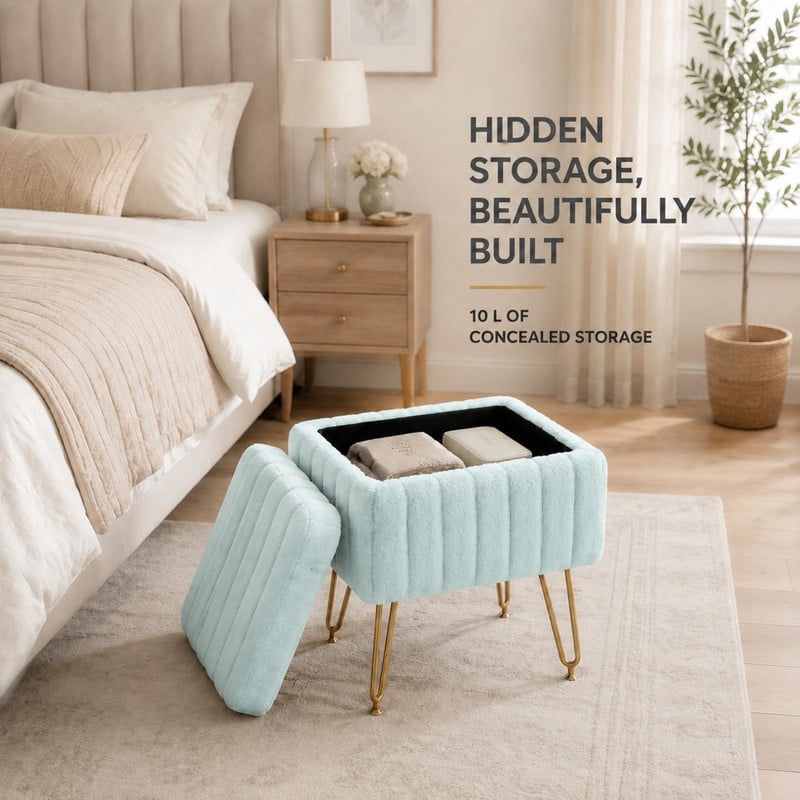 BEAUTYPEAK Vanity Stool with Storage Faux Fur Padded Makeup Ottoman with Gold Metal Legs and Adjustable Feet 18.9" Footstool, Mint