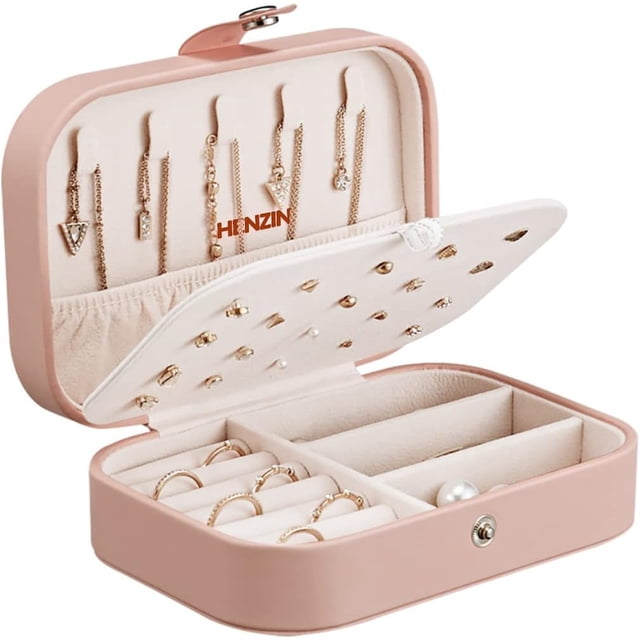 Joyero de viaje rosa de piel sintética para mujer, pequeño joyero para anillos, pendientes, collares y regalos.