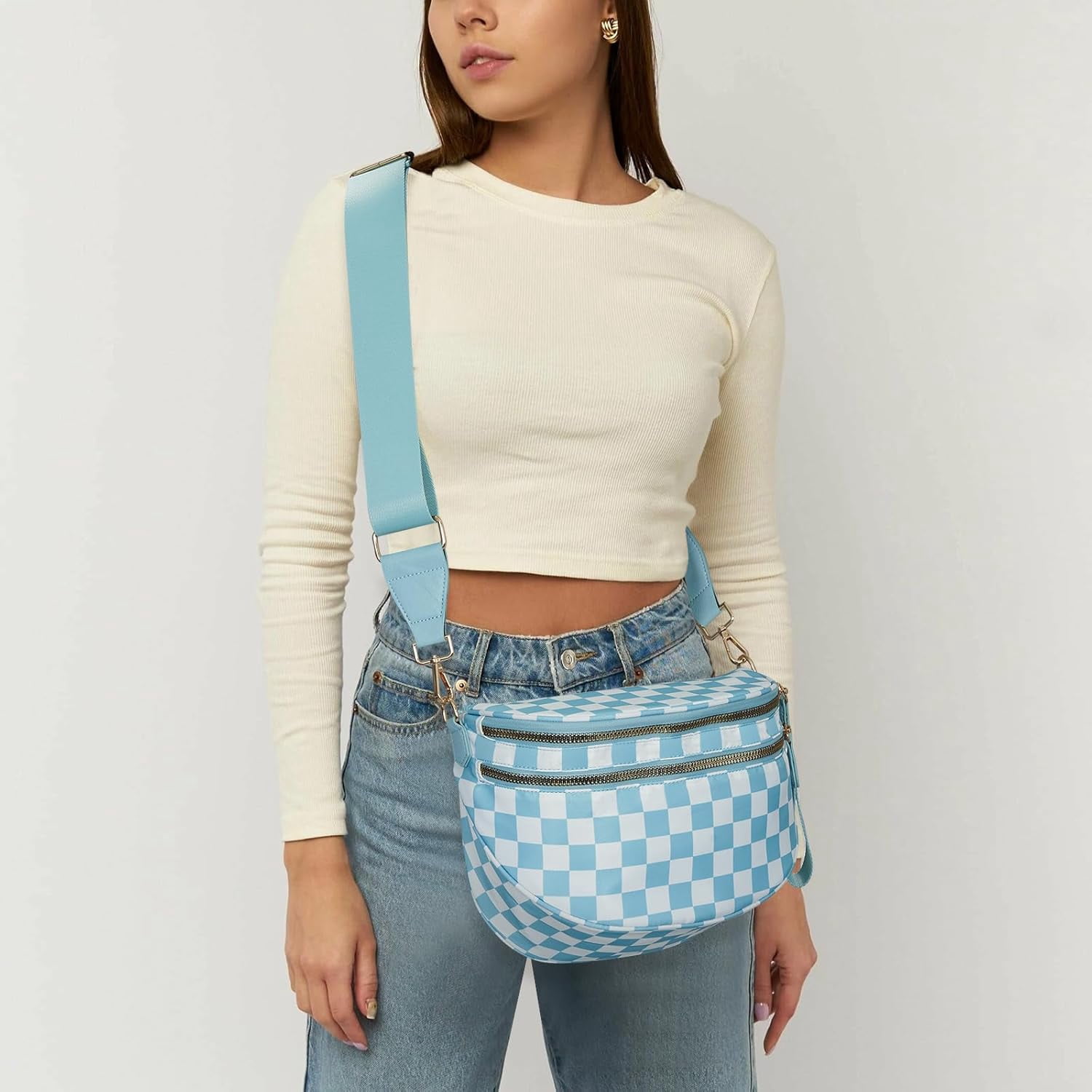 Checkered Crossbody Bag,Spacious Bum Bags for Women Nylon Crossbody Fanny Packs Checkered Purse Belt Wallet