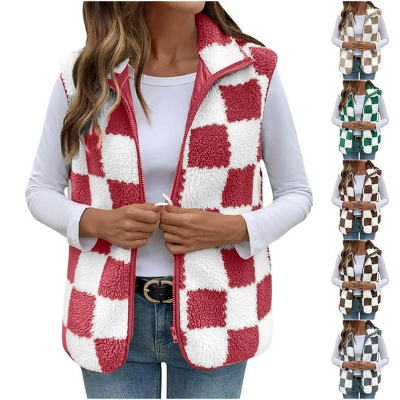 Womens Plaid Fleece Vest Hooded Sleeveless Gilet Winter Lightweight Casual Loose Jacket Cardigan Outerwear with Pockets
