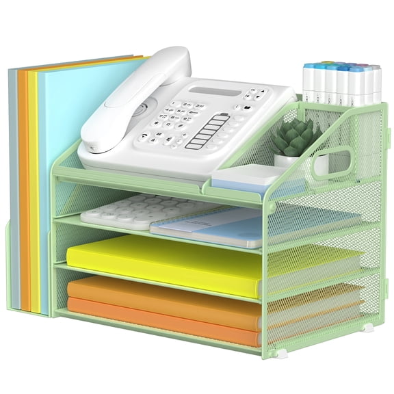 Yinghua 4-Tier Paper Letter Tray File Organizer, Mesh Desk Organizer with Handle & Pen Holder, Office Workspace Storage - Green
