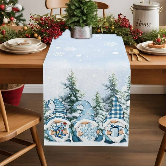 Christmas Cotton Linen Table Runner Blue Plaid Xmas Gnome Pine Tree Box Snowflakes Dining Table Runners for Home Decor Party Dining Room Restaurant Kitchen Party 13" x 72"
