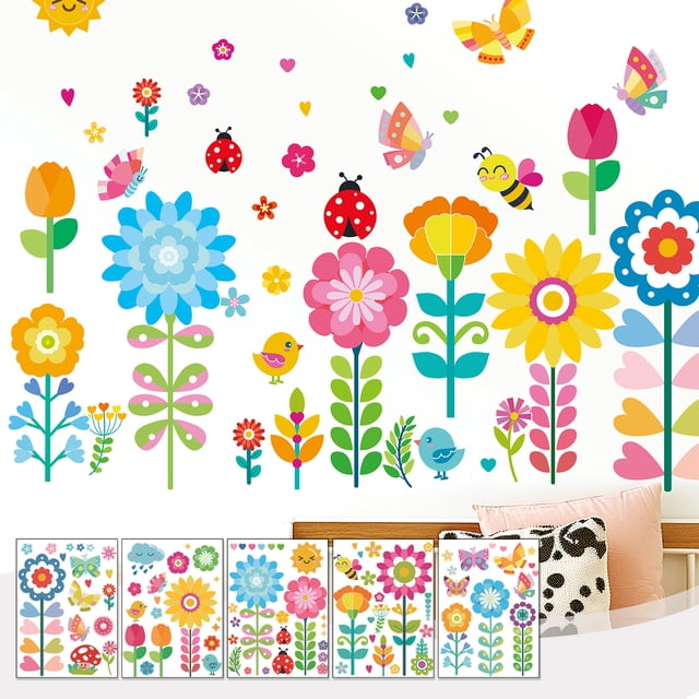 Fridja Summer Savings Flowers Wall Decal Sticker Vinyl Removable Peel Off Plants Floral Wall Decor for Bedroom Living Room Nursery Wall Decor Sticker for Home Office