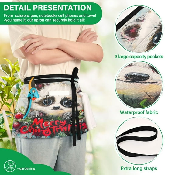 YAZAOO Aprons with Pockets for Server Aprons with 3 Pockets Water Resistant Half Waist Apron Merry Christmas Raccoon