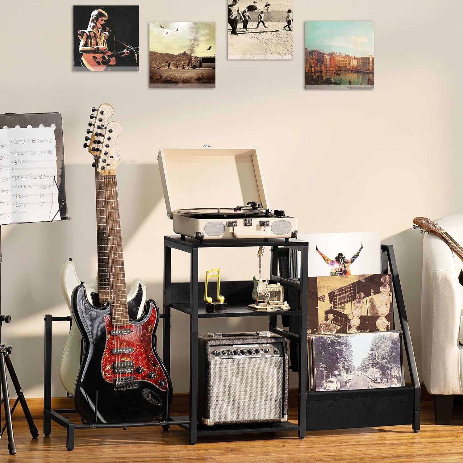 AENKYO Record Player Stand, Black Adjustable Guitar Stand for Acoustic Guitar, Electric Guitar, Bass, Turntable Stand with Vinyl Display Shelf Storage Up to 150 Albums, End Table for Music Room