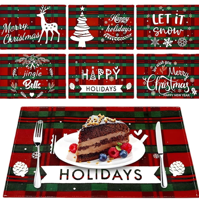 Labymos Ensemble de 6 Napperons de Noël, 12.5x8 Pouces Rouge & Noir à Carreaux Buffalo Coton &