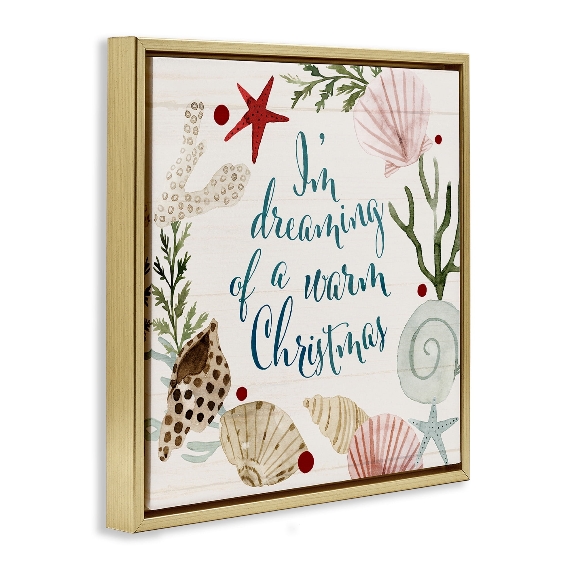 Stupell Industries Dreaming of Warm Christmas Phrase Holiday Painting Gold Floater Framed Canvas Art Print Wall Art, 25 x 25