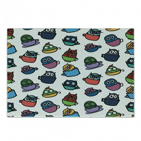 Owls Cutting Board, Funny Owl in a Coffee Tea Espresso Mug Cup Morning Cafe Cheerful Art, Decorative Tempered Glass Cutting and Serving Board, Small Size, Multicolor, by Ambesonne
