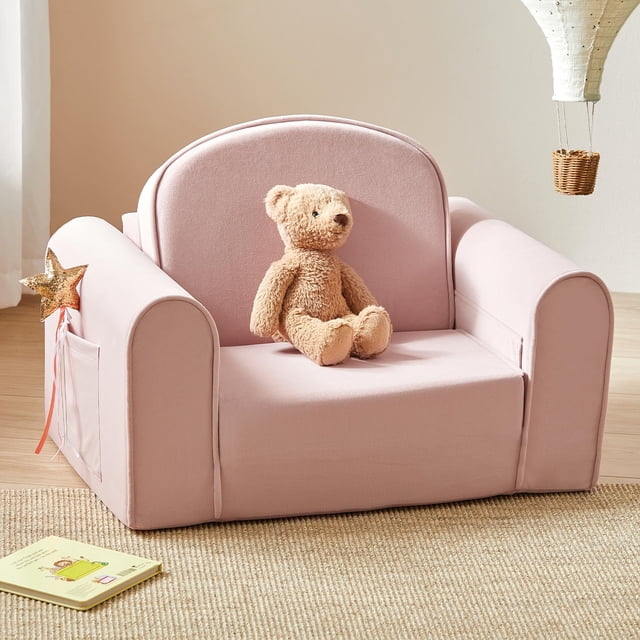 Sofá infantil plegable Tiny Land 2 en 1 con bolsillos, color rosa suave