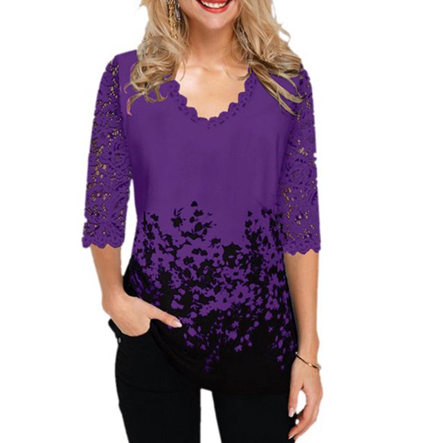 Minnieouse Blusa Camiseta Manga 3/4 Cuello Estampado Encaje Mujer Blusa Verano Top Prendas para la parte del cuerpo Violeta S Minnieouse AP002096-09
