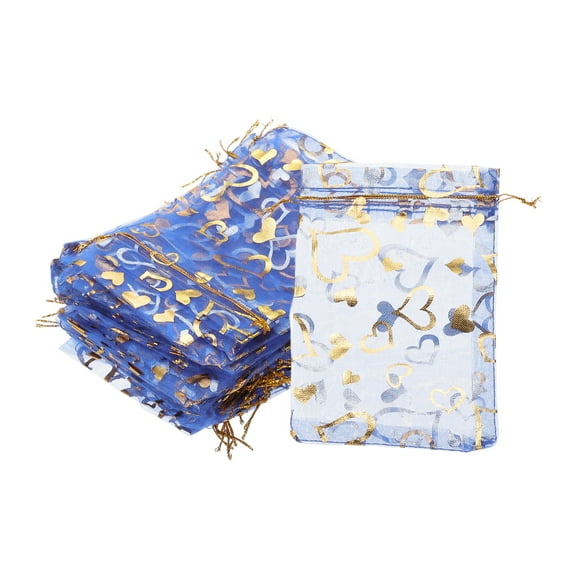 50 Pcs 4x6 Inch Heart Printed Organza Bags, Navy Blue Sheer Heart Organza Bags with Drawstring for Candy Party Favor Gift