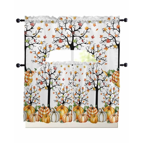 Pumpkins Thanksgiving Kitchen Curtains Sets 24 Inch Length with Valance, Fall Watercolor Botanical Leaves Retro Swag Valances and Tiers Curtain Set Drapes Swag Curtains for Living Room, Bathroom