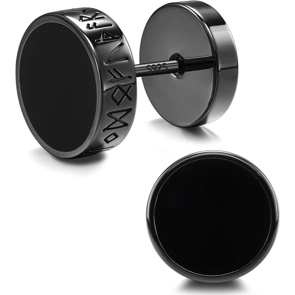 925 Sterling Silver Viking Rune Stud Earrings for Men Women Natural Black Onyx Flat Back Stud Earrings Hypoallergenic (Black stud earrings)[y126]