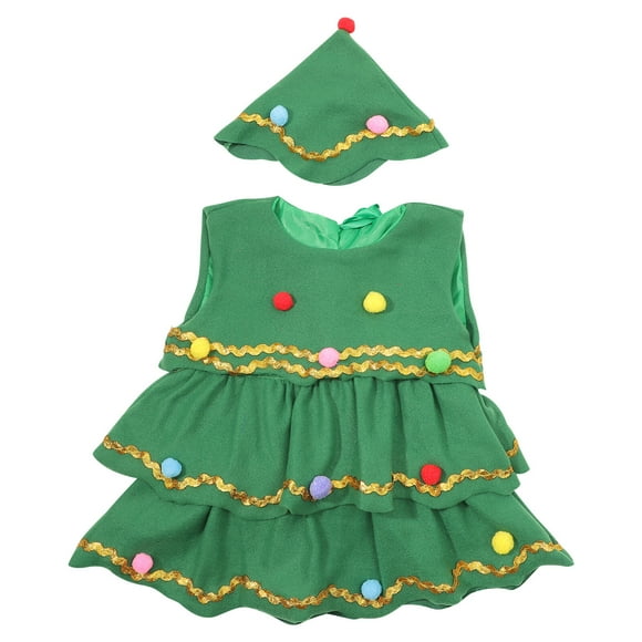 Sombrero y vestido de árbol de Navidad Disfraces de espectáculo de dibujos animados para niños Disfraz de actuación de Halloween para niños y niñas Tamaño 120 CM (Verde)