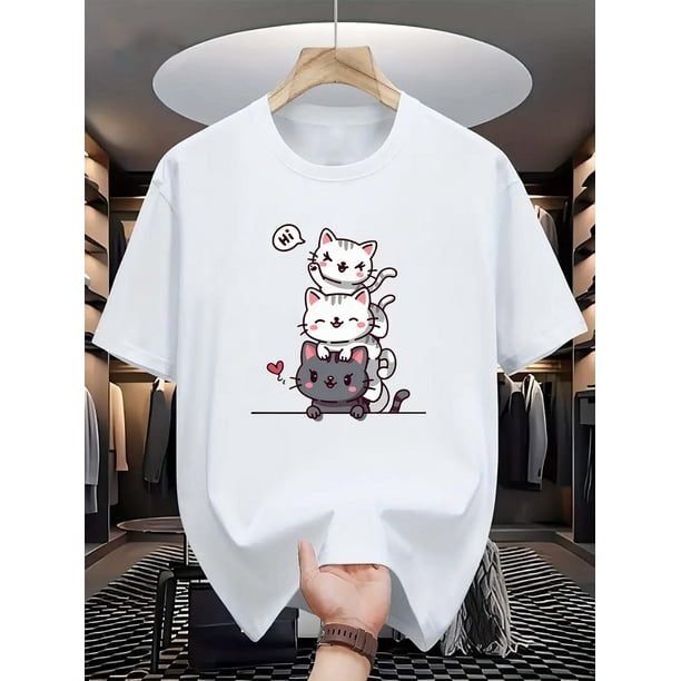 Men'S Casual Crew Neck T-Shirt with Cute Kitten Print, 100% Cotton Knit Fabric, Slight Stretch, Regular Fit, Summer Short Sleeve Top, Fashionable & Versatile, Perfect Gift for Daily Wear - 220gsm