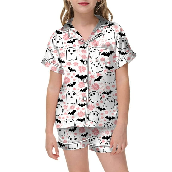 Weebloom Halloween Kids Girls Pajamas Cute Bat Pajama Set Short Sleeve Button Up Top With Shorts And Pockets Kids Sleepwear Nightwear Pjs Loungewear White 8-9 Years