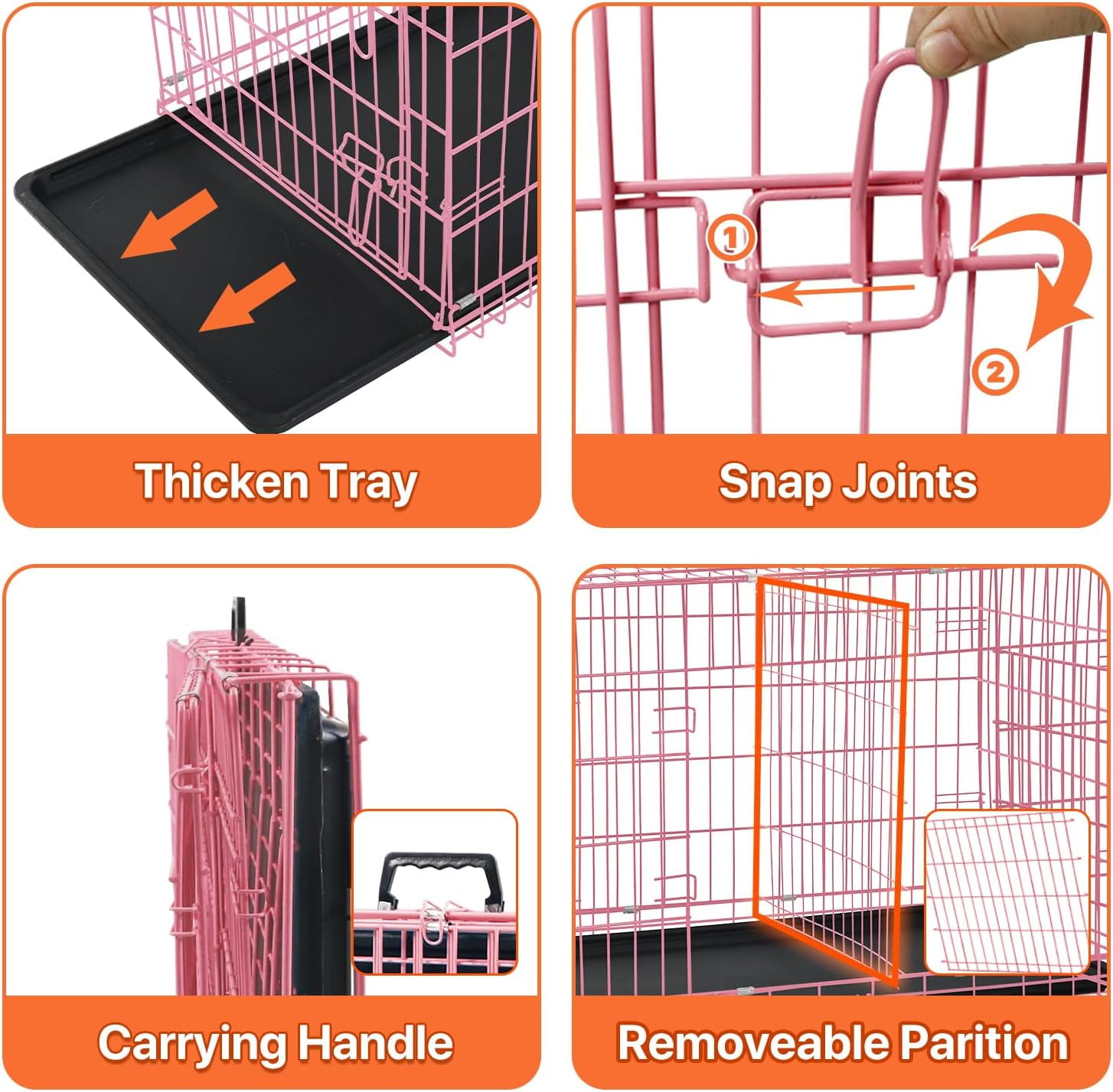 24 inch Dog Crate for Small Dogs Folding Portable Metal Dog Cage Kennel Double Door Pet Crate with Divider and Tray, Pink