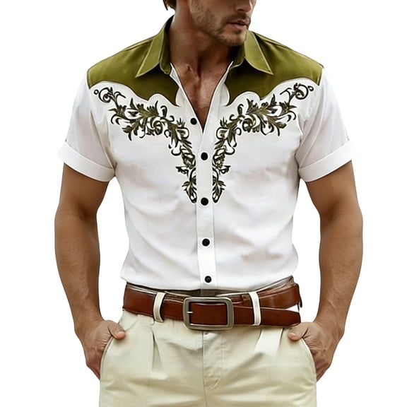 CONZONE Mens Buttons Down Shirts Short Sleeve Shirts for Men Trendy Western Cowboy Graphic Lapel Soft Lightweight Tops