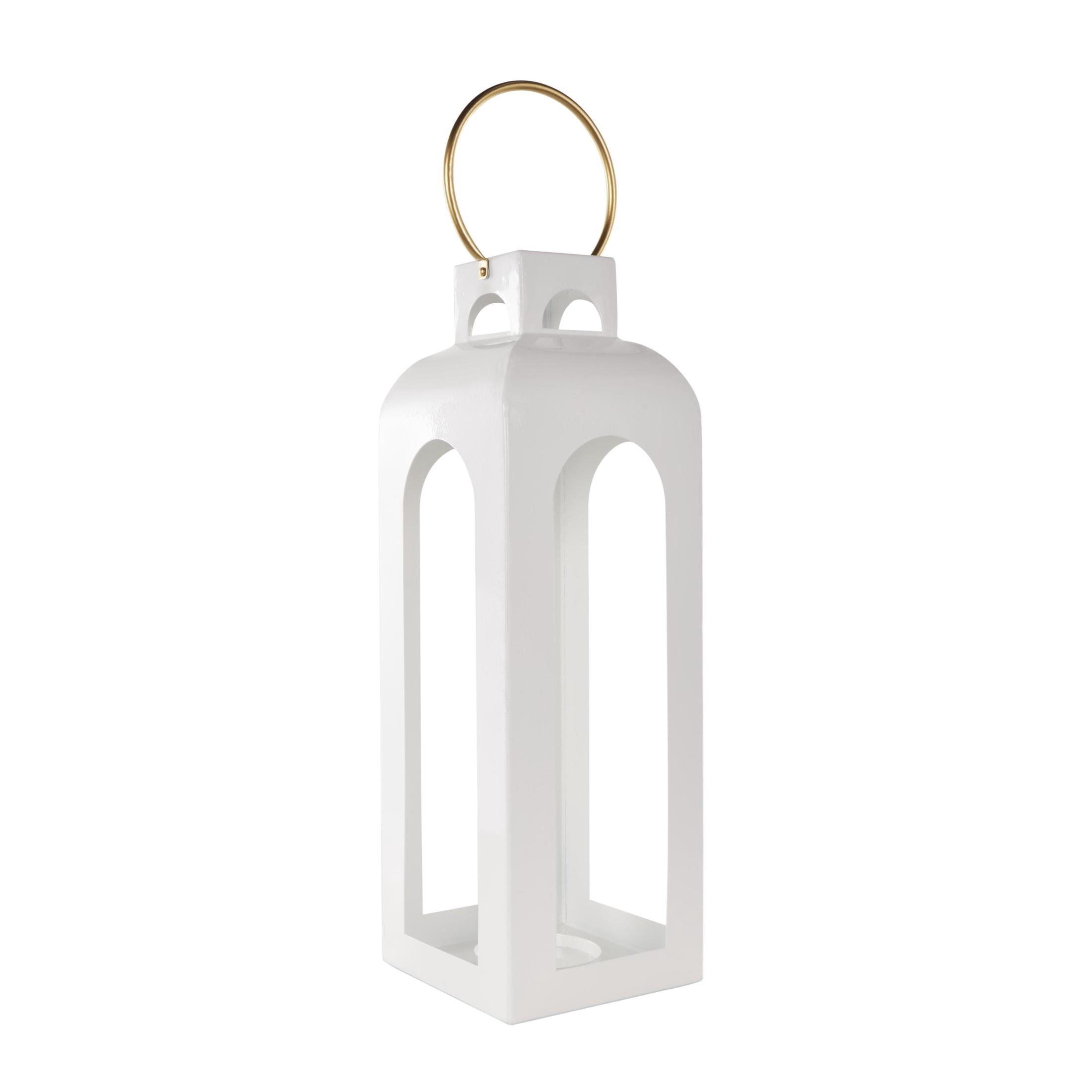 DecMode White Metal Tall Arched Cutout Candle Lantern with Gold Handle