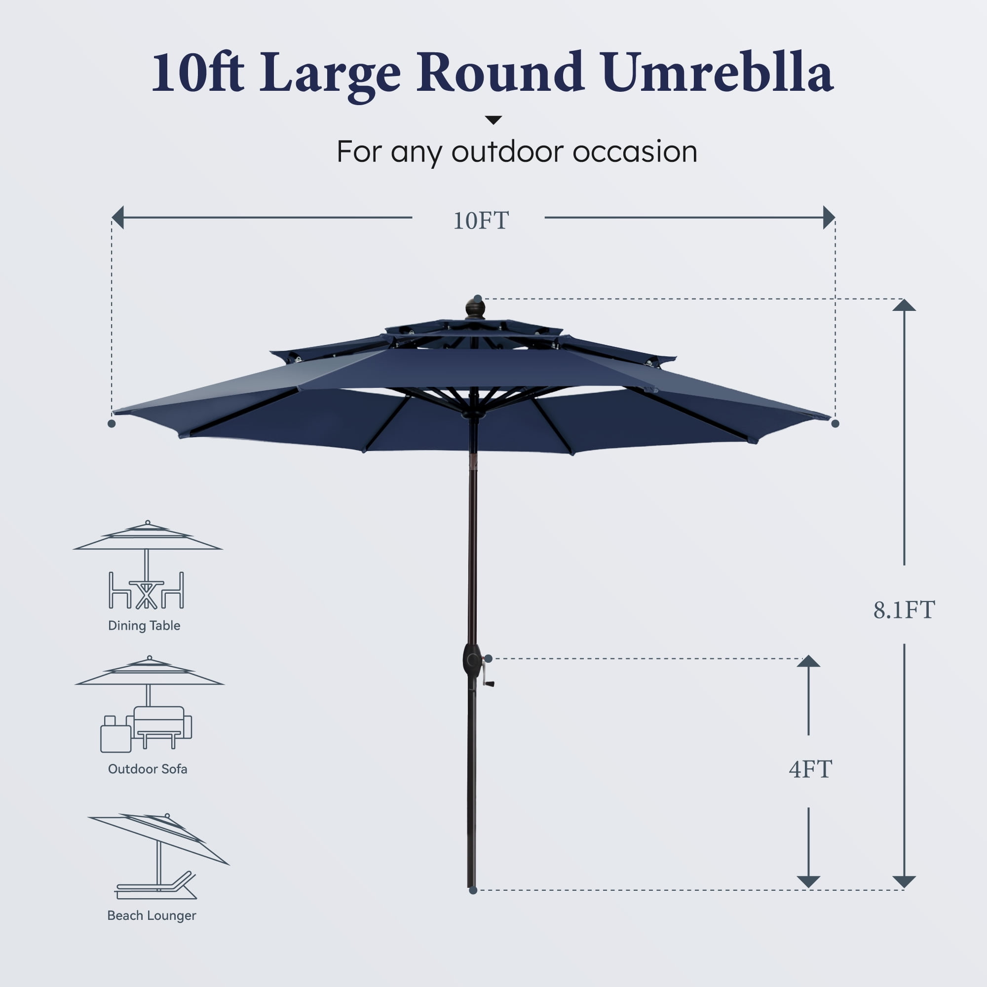 SUMMIT LIVING 10ft Patio Umbrella 3-Tier Vented Outdoor Market Table Umbrella with Auto-Tilt – Navy Blue