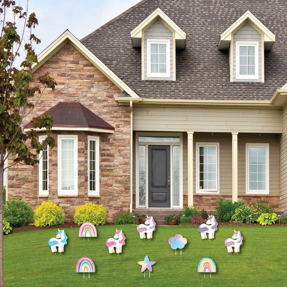 Big Dot of Happiness Unicorn Outdoor Decorations, Rainbow Birthday Party Lawn Ornaments, Unicorn Yard Signs with Stakes - 10 Piece Set