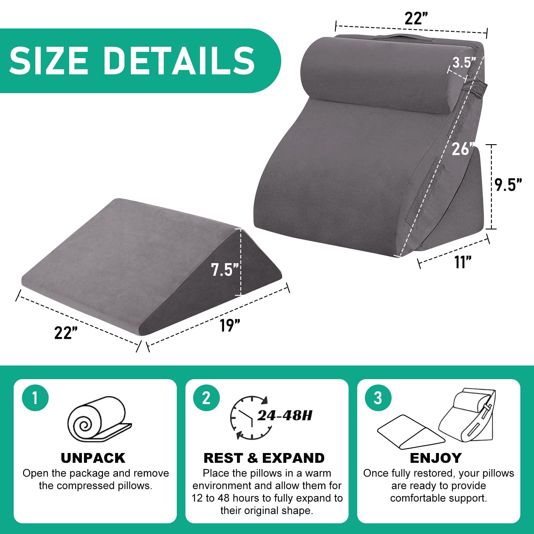 4pcs Wedge Pillow Set For After  Bed Sitting Up In Acid Reflux Adjustable Pillows Grey