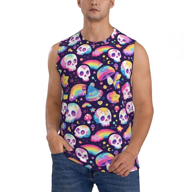 Balery Skull colorful mushroom rainbow Camisetas sin mangas para hombre, absorbe la humedad y protege contra el mal olor.-X-Large