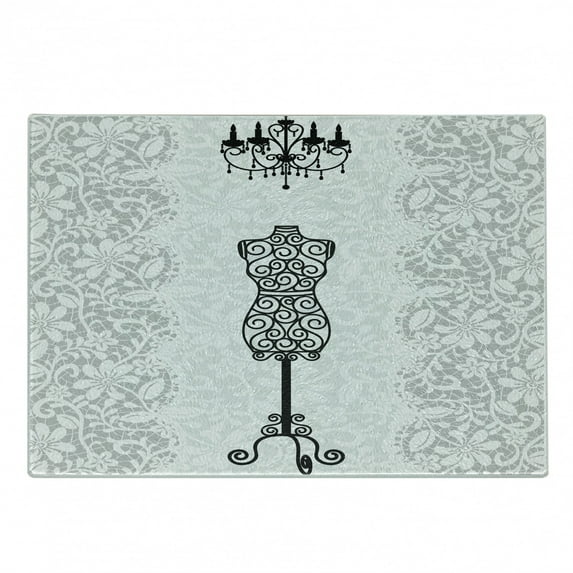 Vintage Cutting Board, Greyscale Curlicue Damask Nostalgic Bust and Chandelier Illustration, Decorative Tempered Glass Cutting and Serving Board, Small Size, Charcoal Grey and White, by Ambesonne