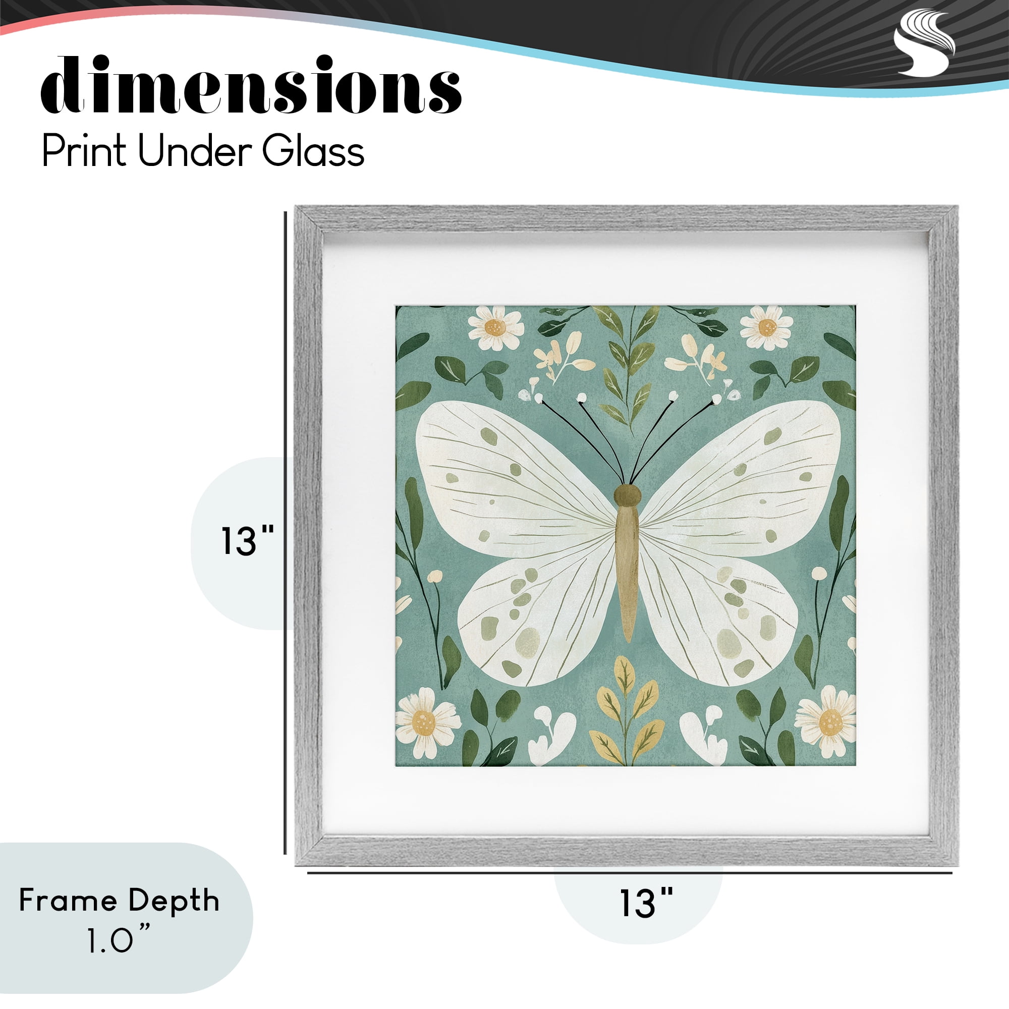 Stupell Industries Teal Butterfly Garden with Daisies Gray Framed Print Under Glass, design by Petal Prints Design