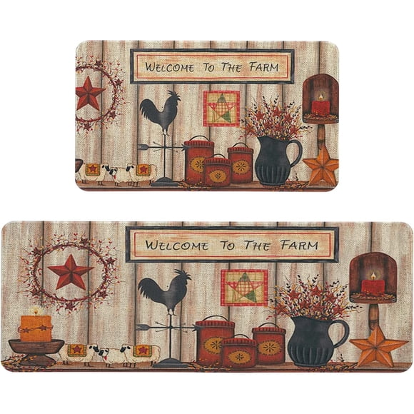 Christmas Gift Farmhouse Kitchen Rugs and Mats Set of 2, Welcome to The Farm Rooster Kitchen Mat, Seasonal Holiday Cooking Sets Washable Non-Slip Floor Mats for Home Kitchen Decor 17x29 +17x47 Inch