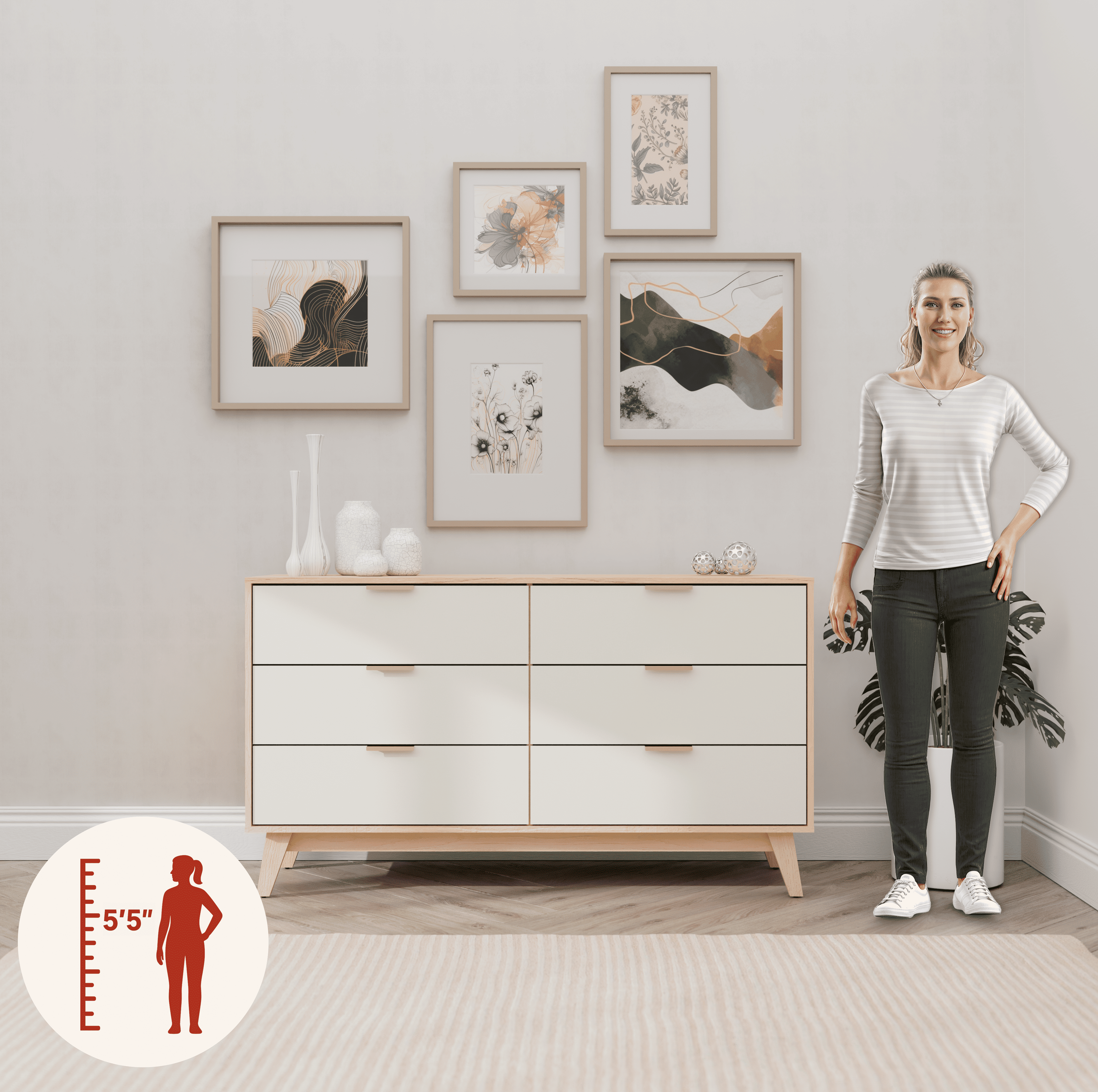 Kappesberg Milan 6-Drawer Horizontal Dresser, Blonde Oak/Cream – Modern Bedroom Storage for Adults and Teens