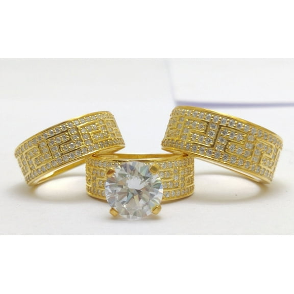 Hitanshu Jewels 14K Yellow Gold Finish Sterling Silver Couple's Latest Best Rings Engagement Wedding Trio Ring Set Matching Band