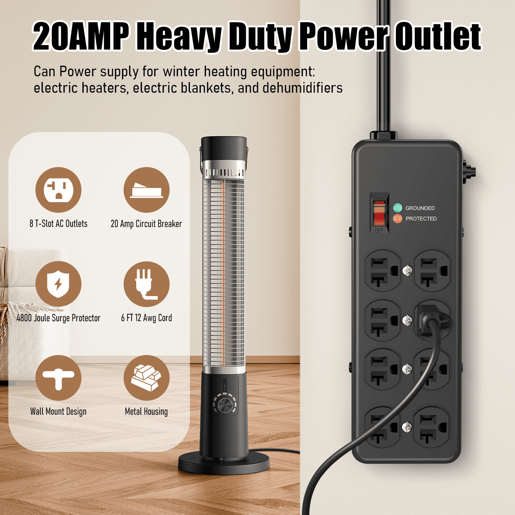 VILONG 20 Amp Power Strip Heavy Duty Surge Protector, 4800J, Wall Mount, 6ft 12 Gauge Extension Cords Adapters Plug for Indoor, Black