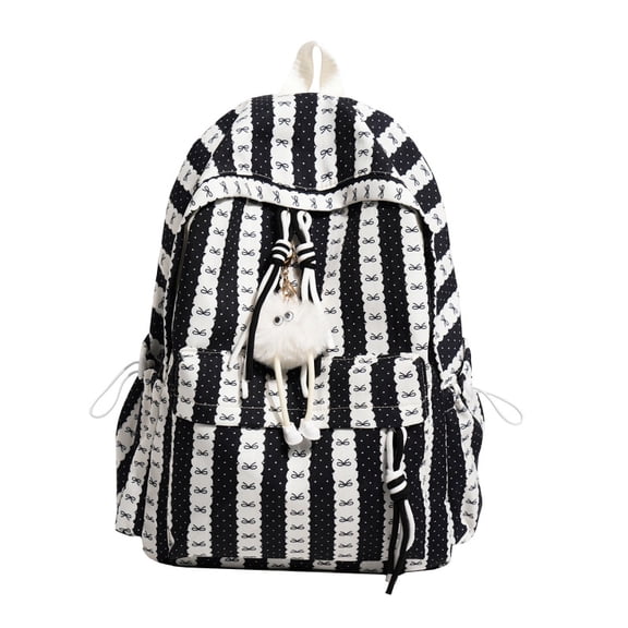 Striped Bow School Backpack, Chic Backpack with Drawstring Side Pocket, Nylon Waterproof Bookbag for College Shopping Travel (Black)