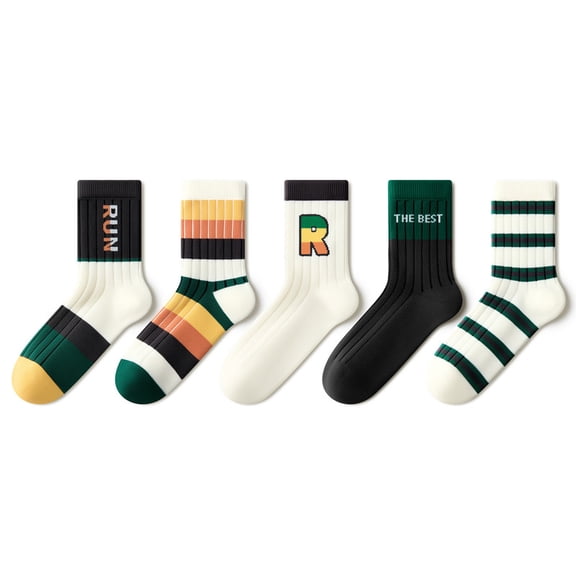 Beibi 5-pair set, Boys' Alphabet Striped Mid-Calf Socks, All-Season Wear, Suitable for Children 4 Years and Up