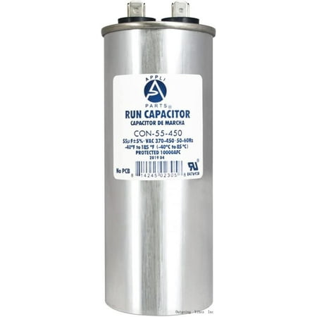 

appli parts run acitor for ac 55 mfd (microfarads) 370 vac or 450 vac cbb65 round universal fit for hvac and other applications 5-1/4 in high 1-7/8 in wide con-55-450