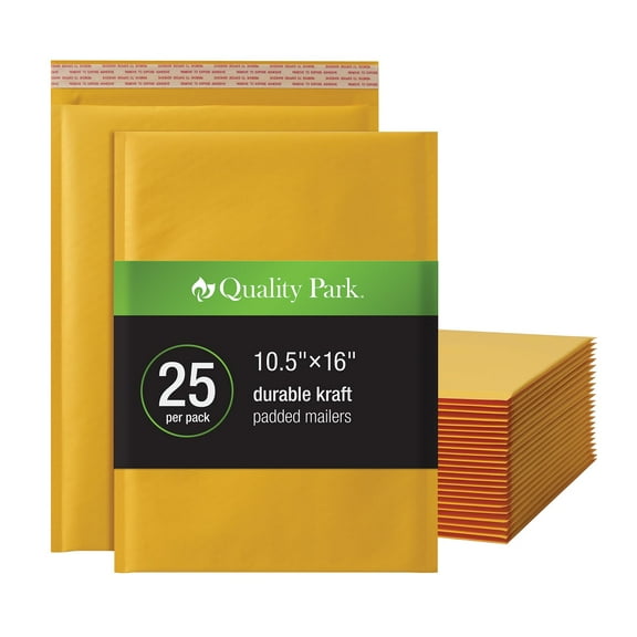 Quality Park QUA85763 10.5 in. x 15 in. Redi-Seal Adhesive Closure Barrier Bubble Cushion Kraft Bubble Mailers - Brown Kraft (25/Pack)