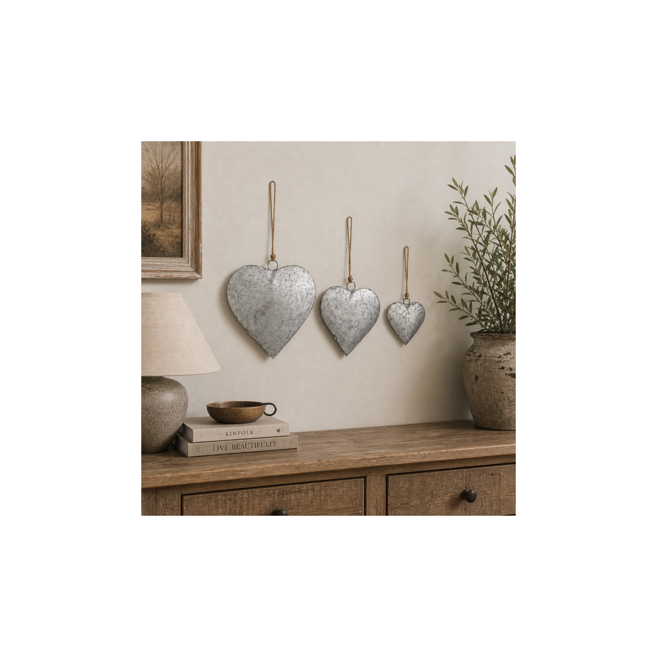 DecMode Tibetan Inspired Silver Metal Heart Decorative Bells with Jute Hanging Rope, 3 Count
