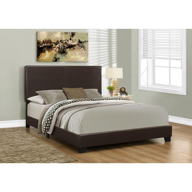 Monarch Specialties Bed, Queen Size, Platform, Bedroom, Frame, Upholstered, Pu Leather Look, Wood Legs, Brown, transitional queen size platform bed with a high rectangular headboard and low side rails upholstered in dark brown PU leather-look material, supported by solid wood legs, set in a bright bedroom with light grey walls, wooden floor, beige rug, nightstand with lamp, clock, and plant, and abstract wall art above the headboard. This bed frame is also suitable for modern bedroom setups requiring a low-profile platform bed.