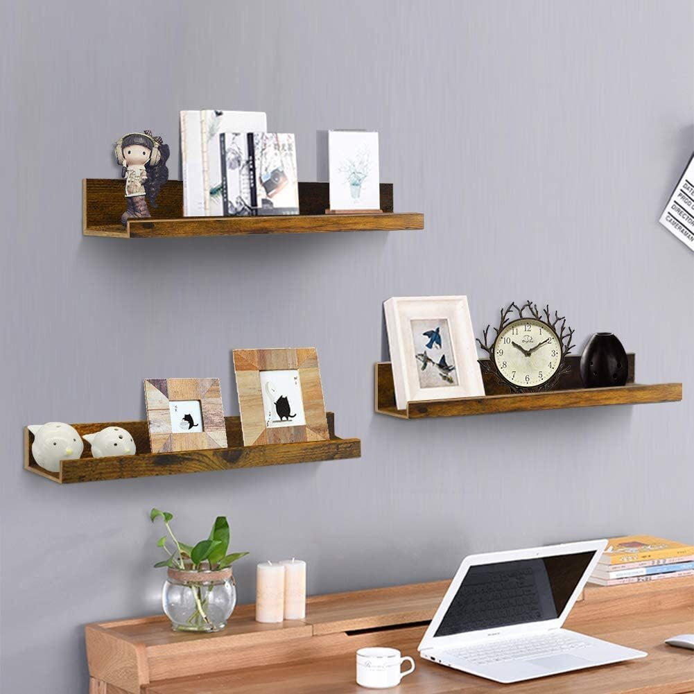 16 Inch Floating Wall Shelf Set of 3, Rustic Wall Mount Shelves for Bedroom Living Room Bathroom Kitchen, Brown