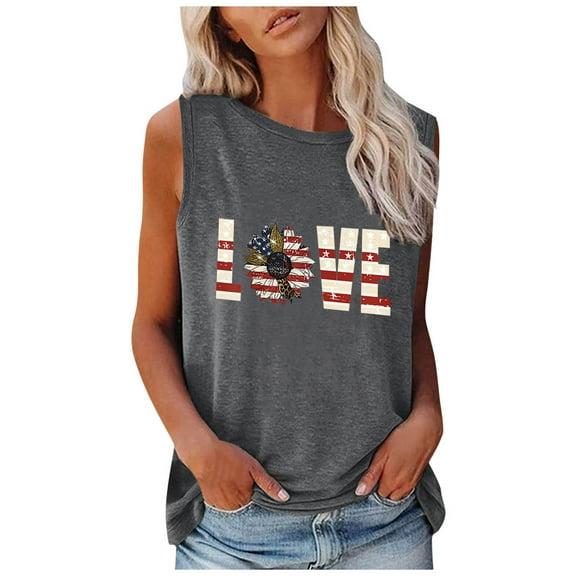 IROINNID Women's Round Neckline Tank Sleeveless 4th Of July Tops USA 4th Of July