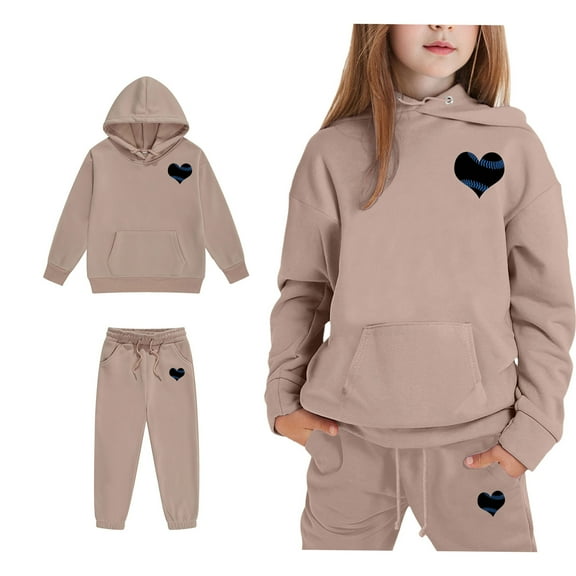 LIUYUNNN Kids Sweatsuit Set for Girls 2 Piece Long Sleeve Pullover Khaki Heart Hooded Sweatshirt Sweatpants Joggers Set Fall Winter Clothes Boy Clothes 10-11 Years Boys Girl Autumn and Winter Outfits