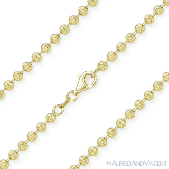 3.1mm Moon-Cut Ball Bead Link Italian Chain Necklace in .925 Sterling Silver w/ 14k Yellow Gold