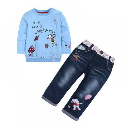 

SYNPOS Little Girl s Long Sleeve Cartoon Pullover Shirt and Jeans Pants Outfit Set 1-6 Years