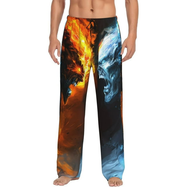 Fotbe Red And Blue Fire Skull Warrior Pantalones de Pijama para Hombre, Pantalones de Dormir, Pantalones de Casa con Cintura Ajustable y Bolsillos-3X-Large